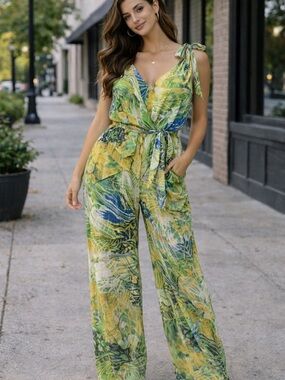Tropical Tie-Shoulder Wide-Leg Jumpsuit in Green & Yellow